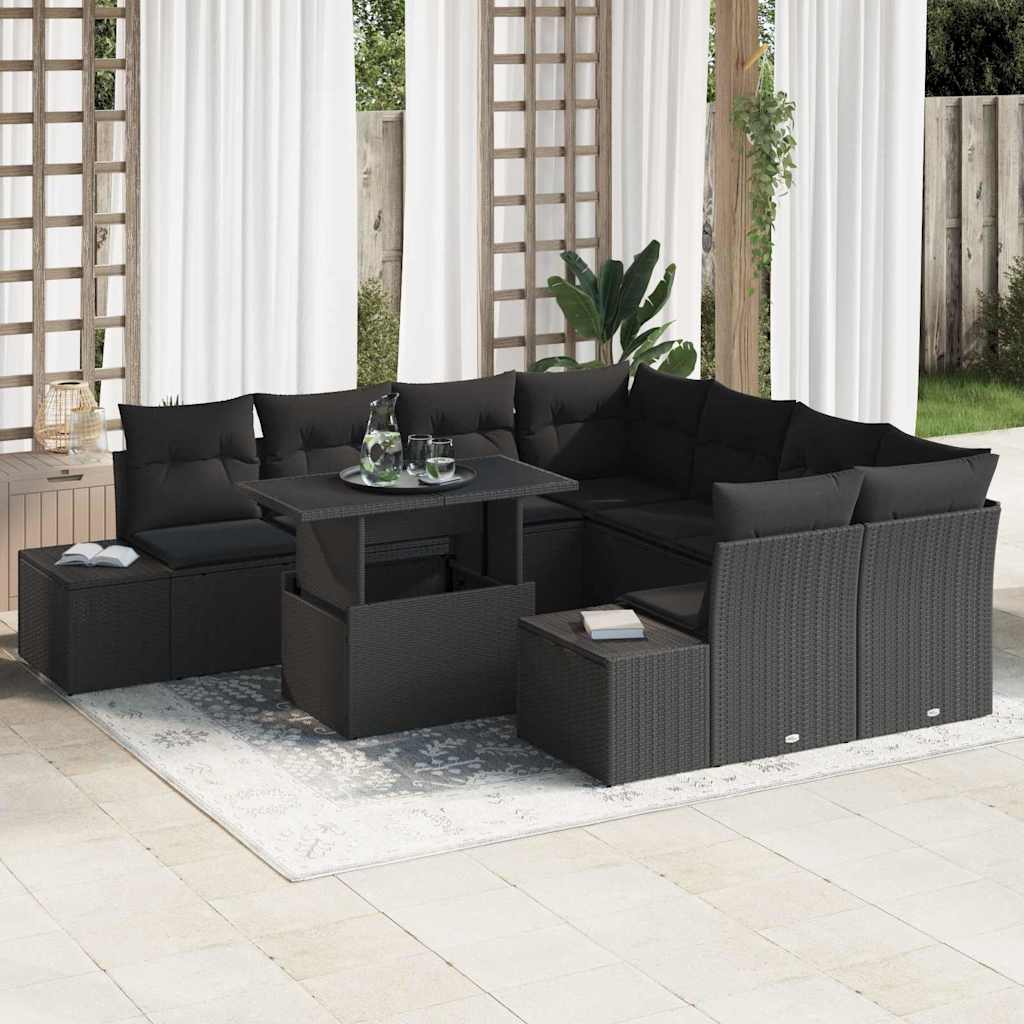 Havesofa Sæt 9 stk. Sort polyrattan