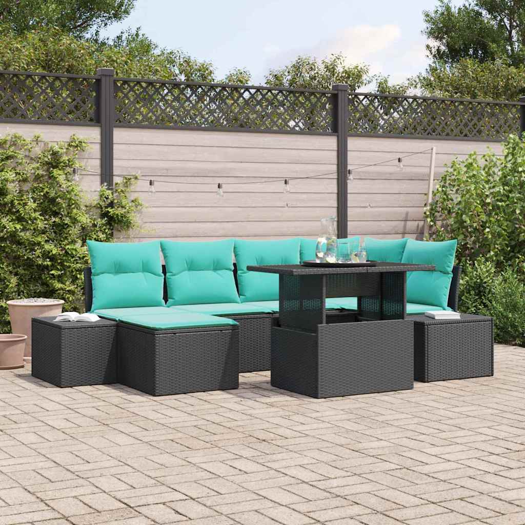 Havesofa Sæt 7 stk. Sort og Turkis polyrattan