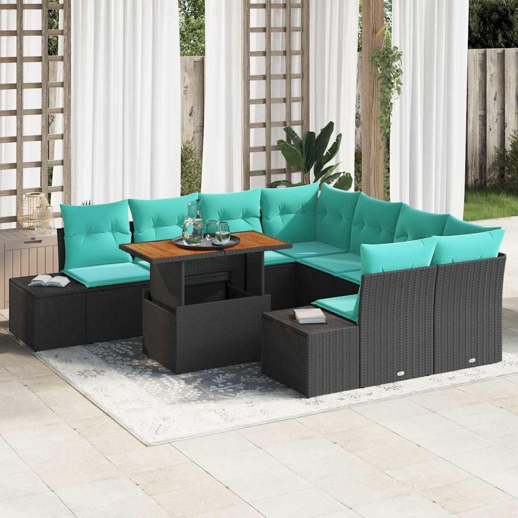 Havesofa Sæt 9 stk. Sort Poly rattan
