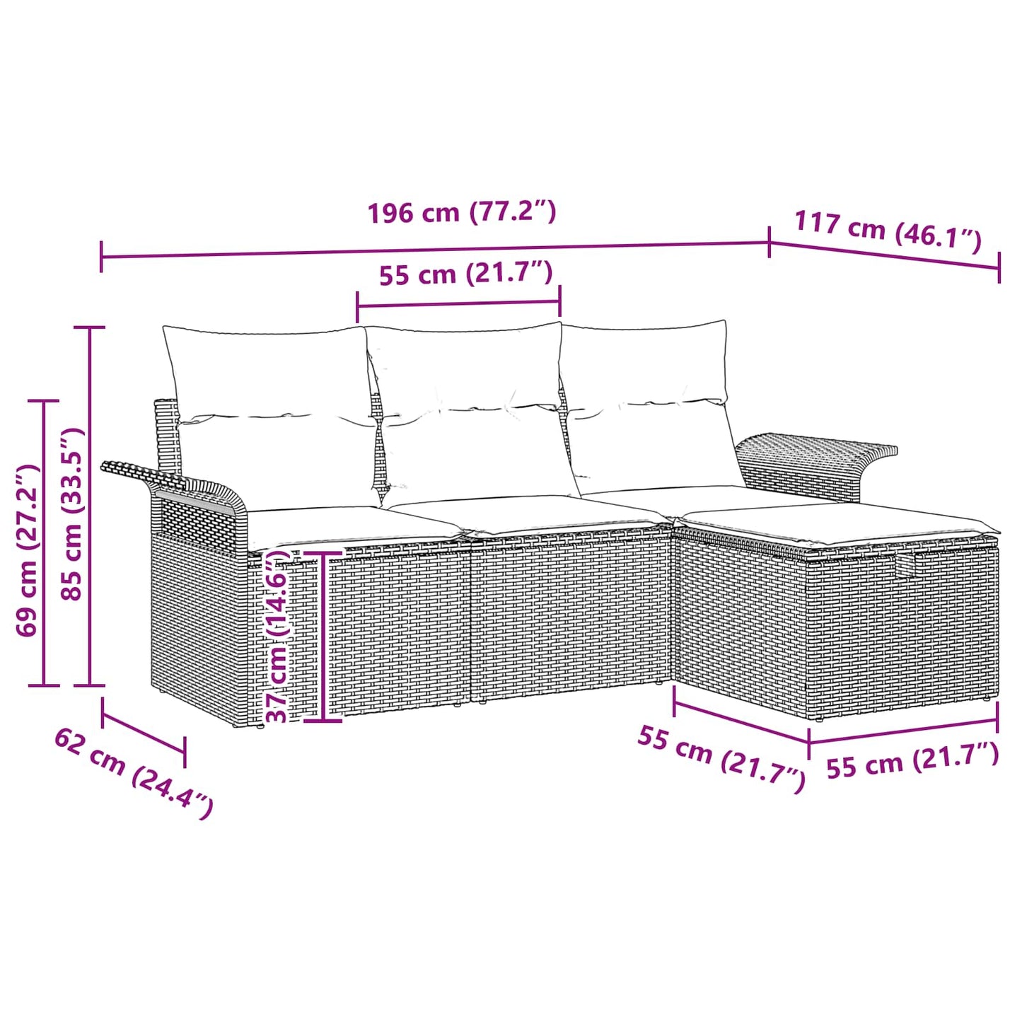 Havesofa Sæt 4 stk. Brun og Rød polyrattan