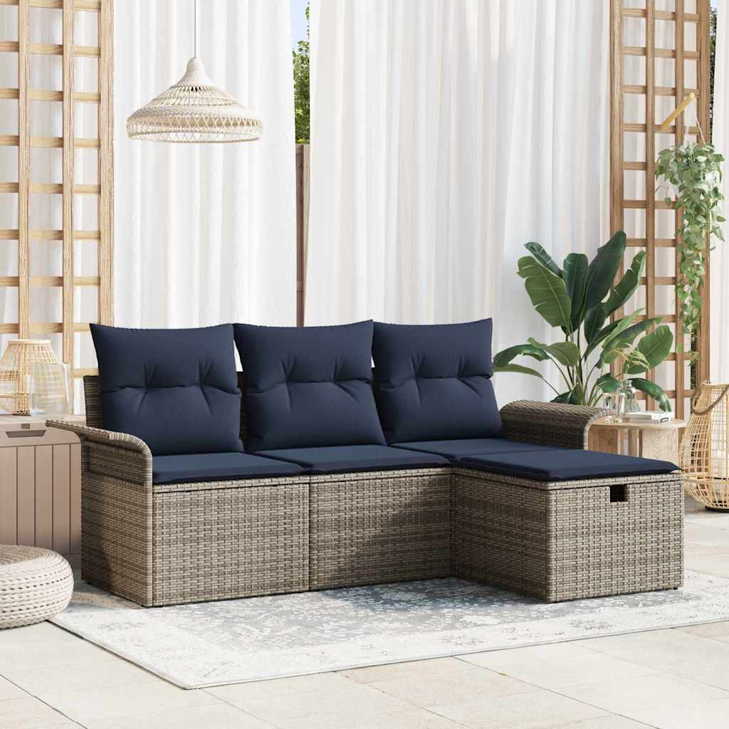 Havesofa Sæt 4 stk. Grå og Marineblå polyrattan