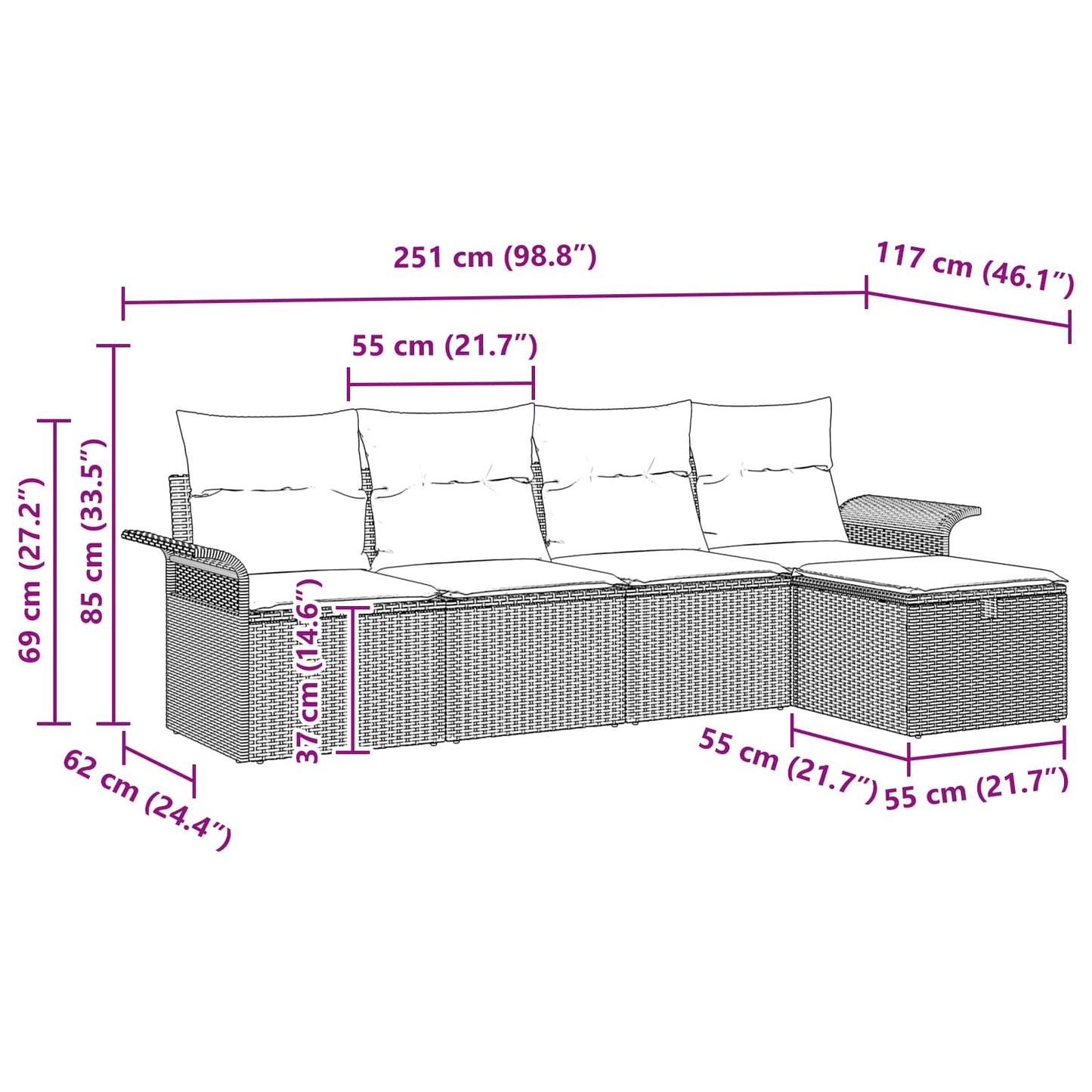 Havesofa Sæt 5 stk. Grå og Marineblå polyrattan