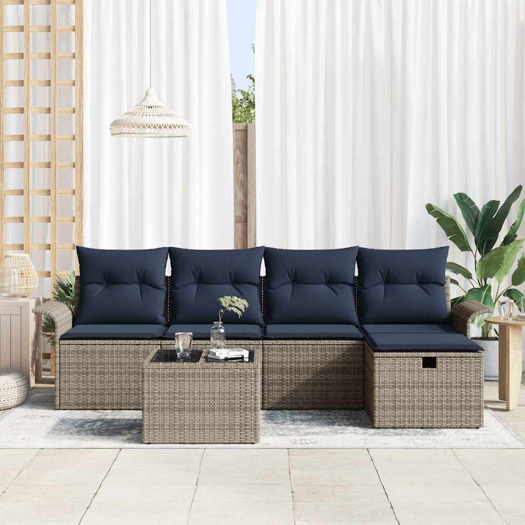 Havesofa Sæt 6 stk. Grå og Marineblå polyrattan