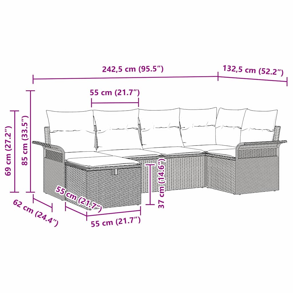 Havesofa Sæt 6 stk. Lysegrå polyrattan