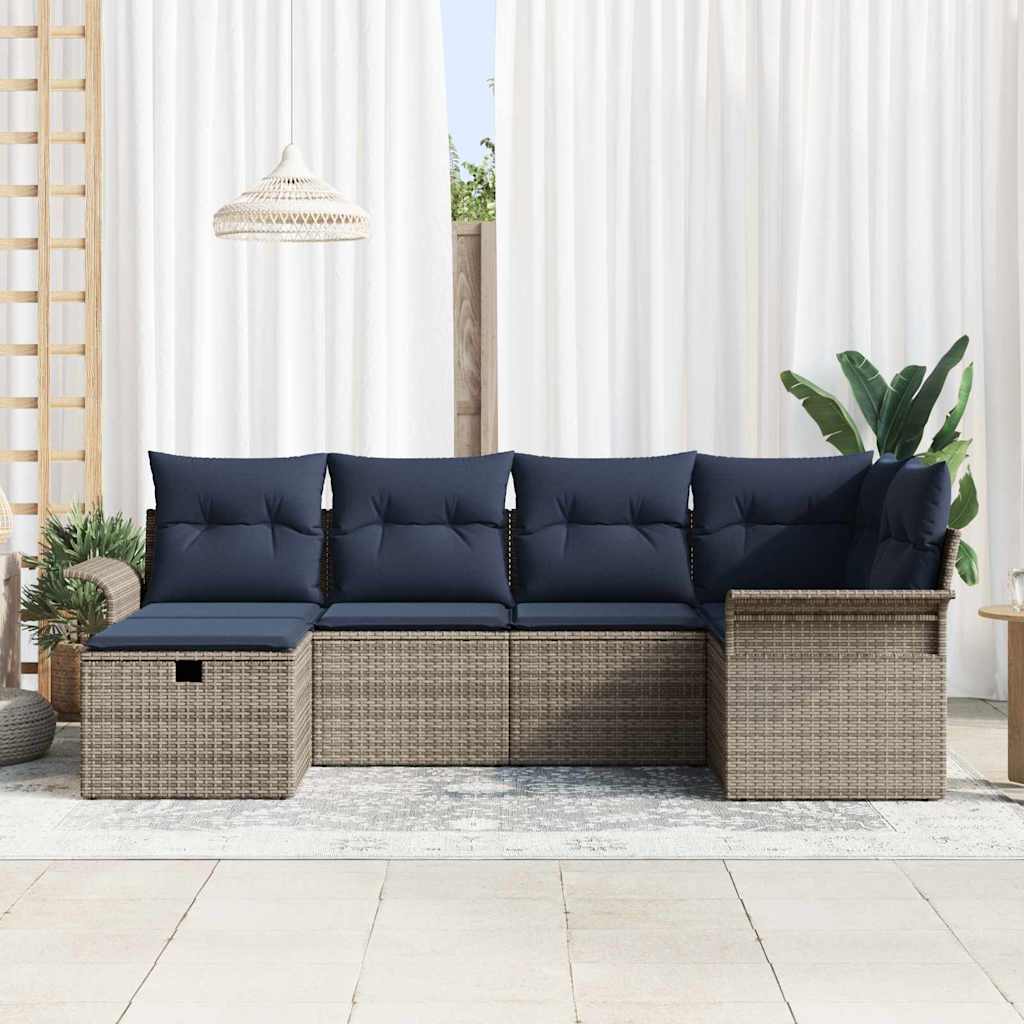 Havesofa Sæt 6 stk. Grå og Marineblå polyrattan