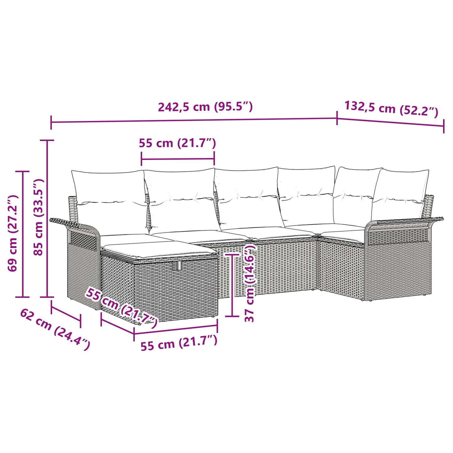 Havesofa Sæt 6 stk. Grå og Marineblå polyrattan