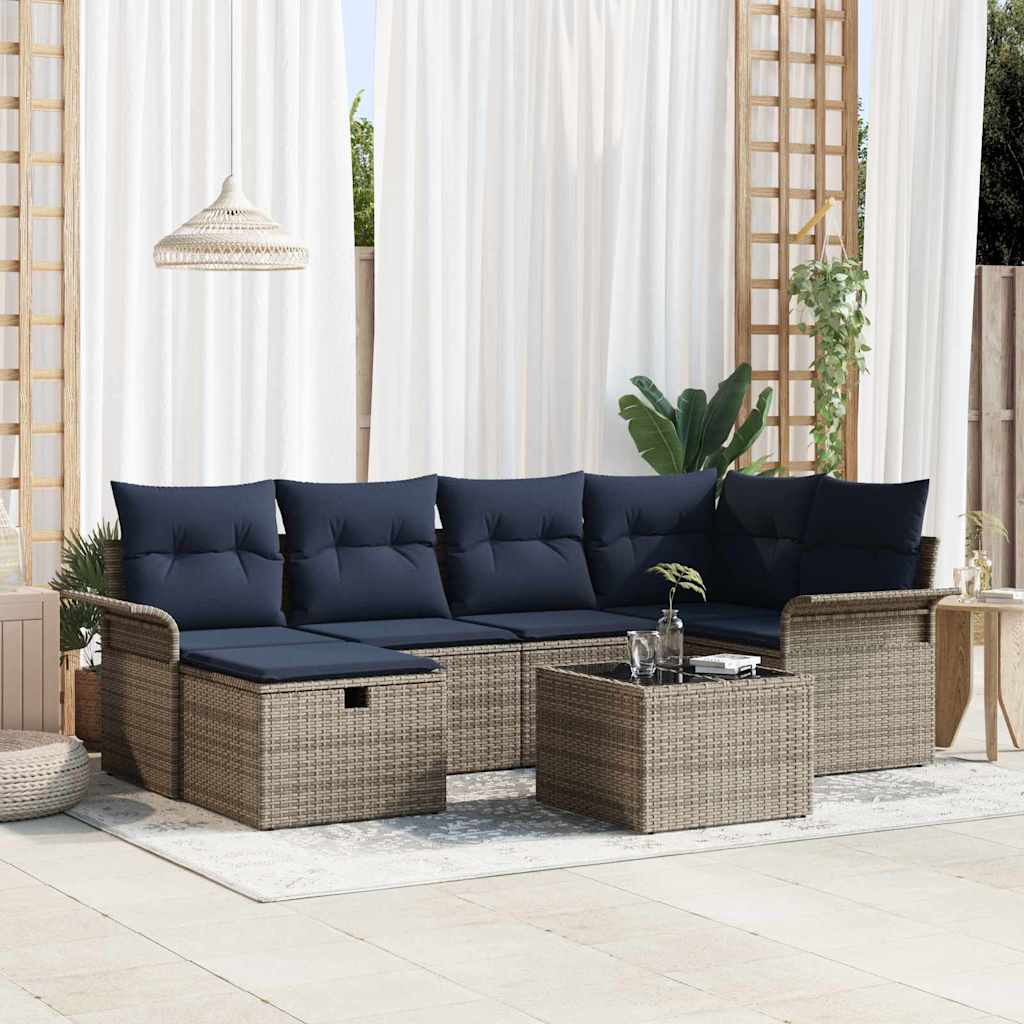 Havesofa Sæt 7 stk. Grå og Marineblå polyrattan