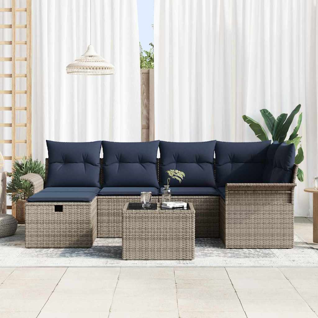 Havesofa Sæt 7 stk. Grå og Marineblå polyrattan