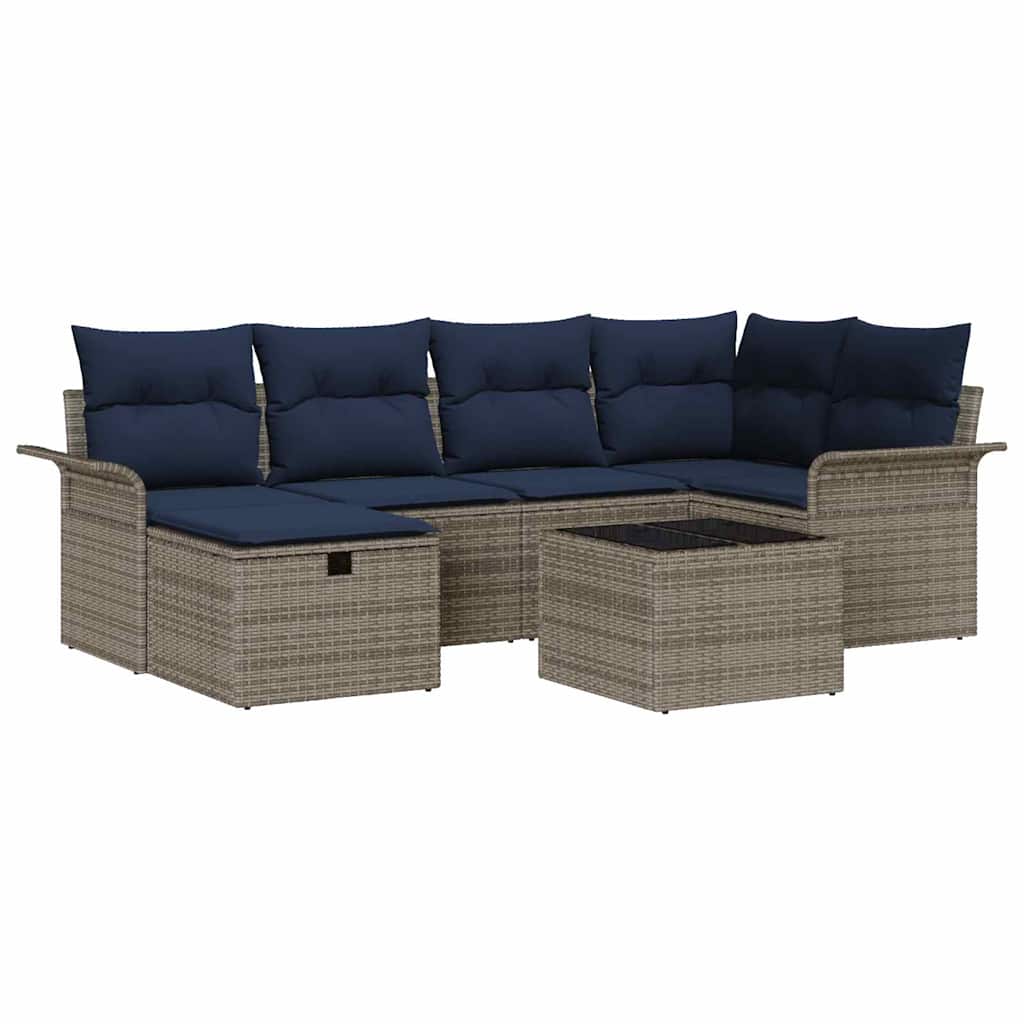 Havesofa Sæt 7 stk. Grå og Marineblå polyrattan