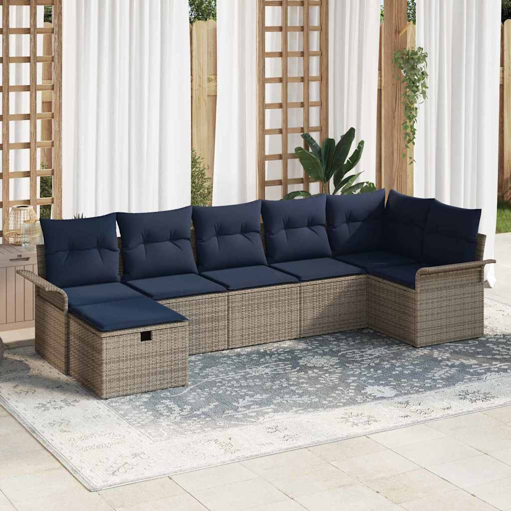 Havesofa Sæt 7 stk. Grå og Marineblå polyrattan