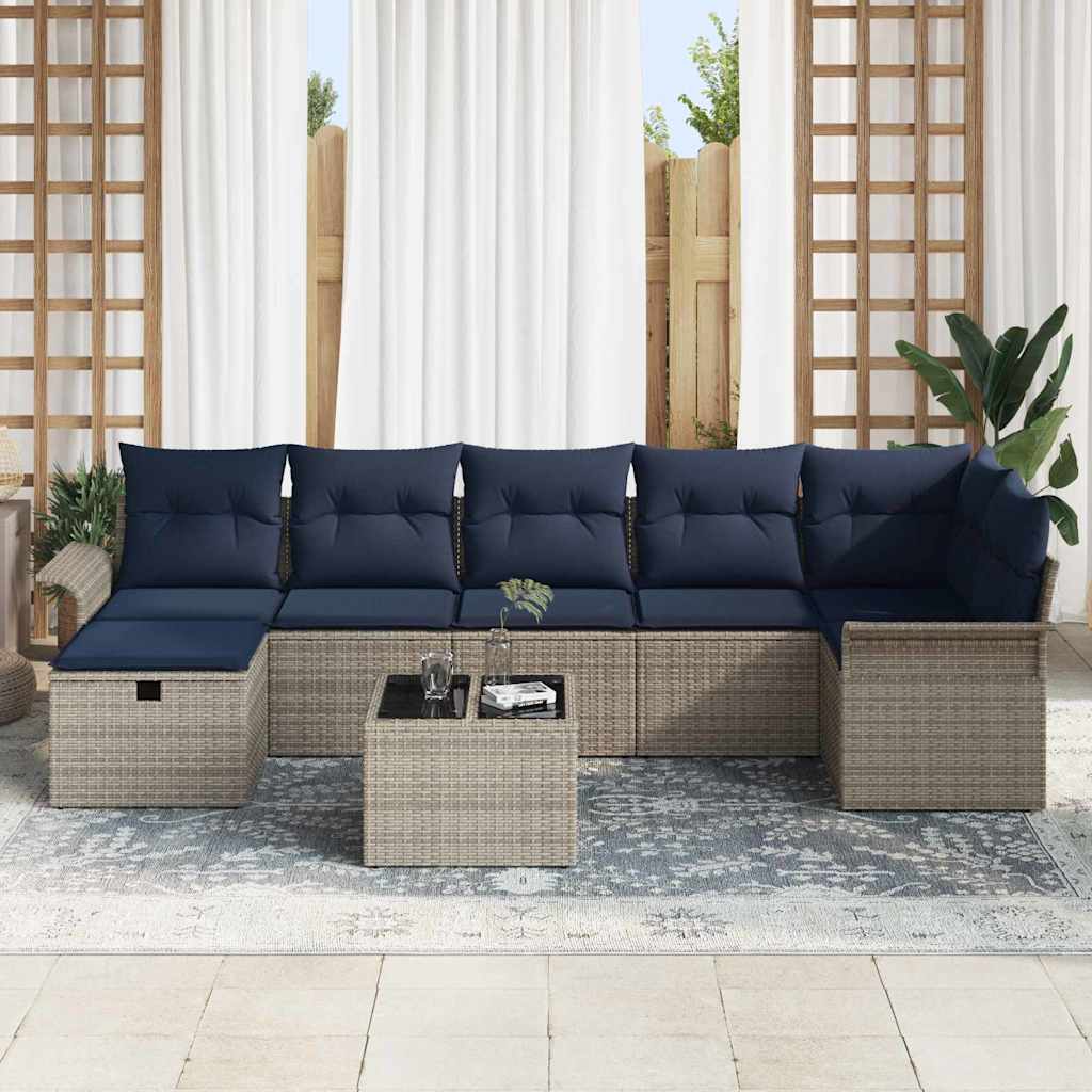 Havesofa Sæt 8 stk. Grå og Marineblå polyrattan