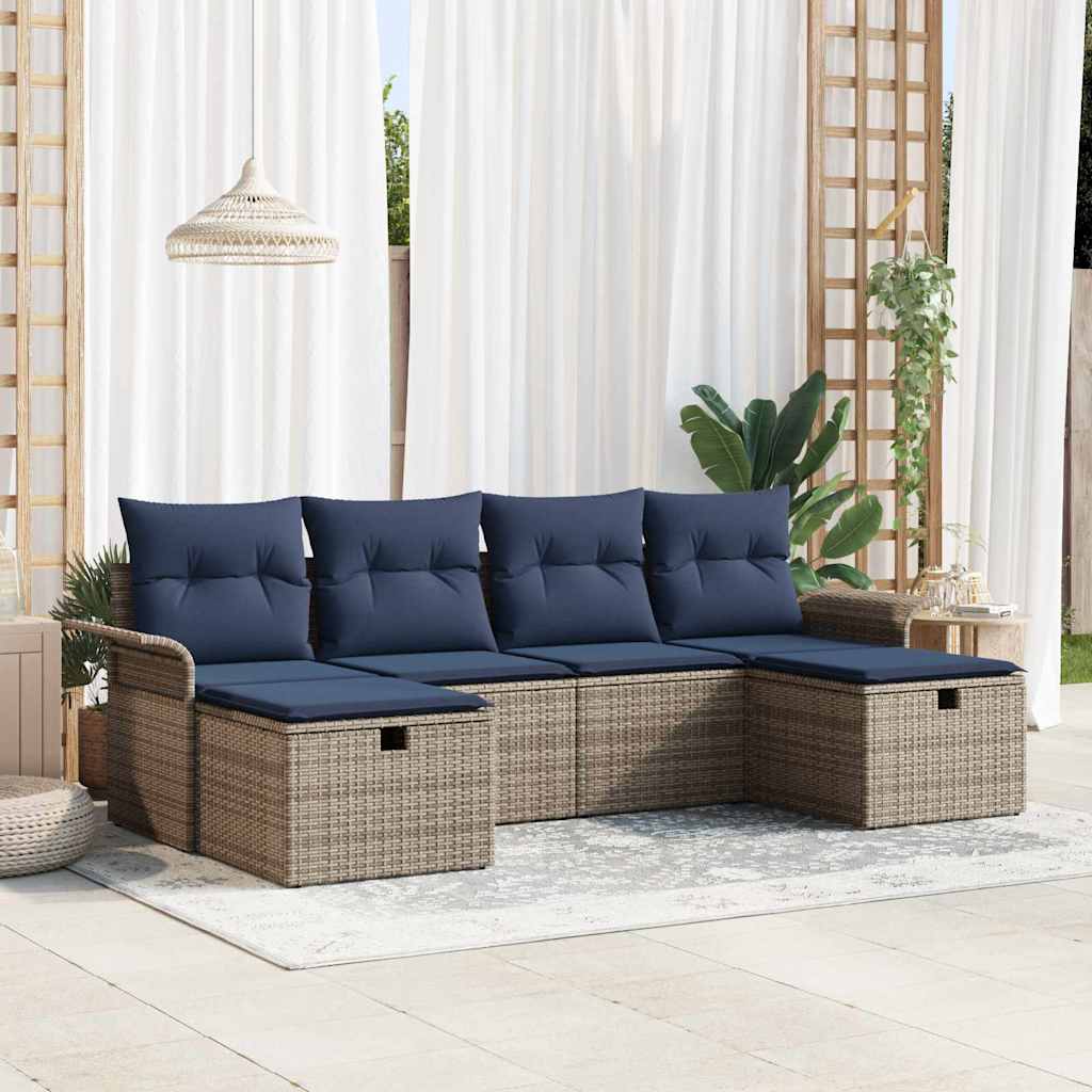 Havesofa Sæt 6 stk. Grå og Marineblå polyrattan