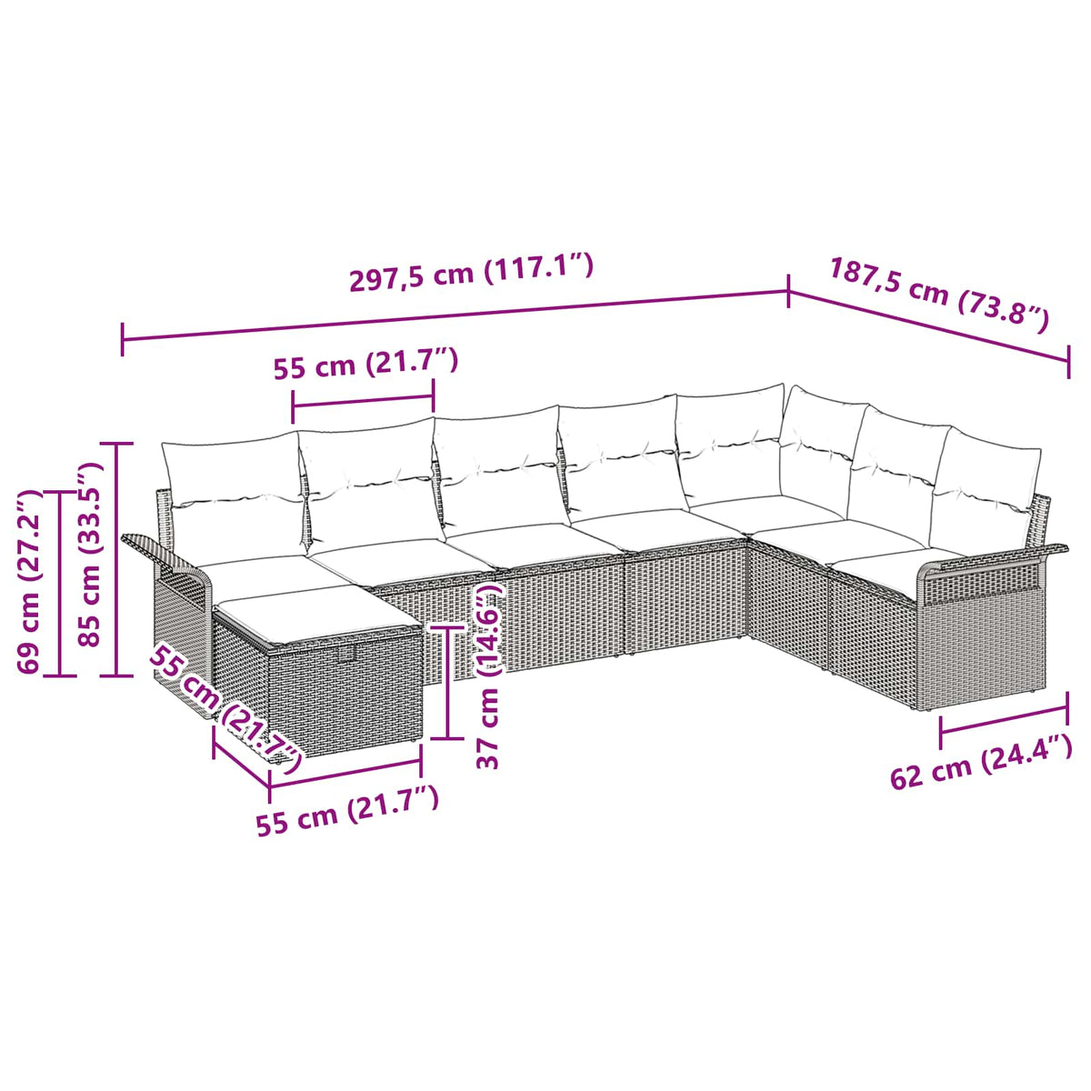 Havesofa Sæt 8 stk. Grå og Marineblå polyrattan
