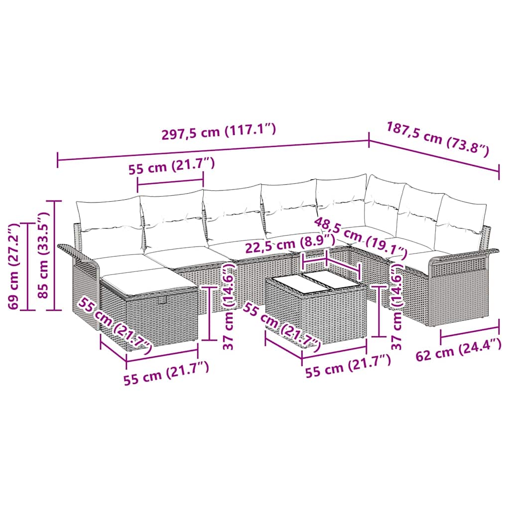 Havesofa Sæt 9 stk. Beige og creme polyrattan