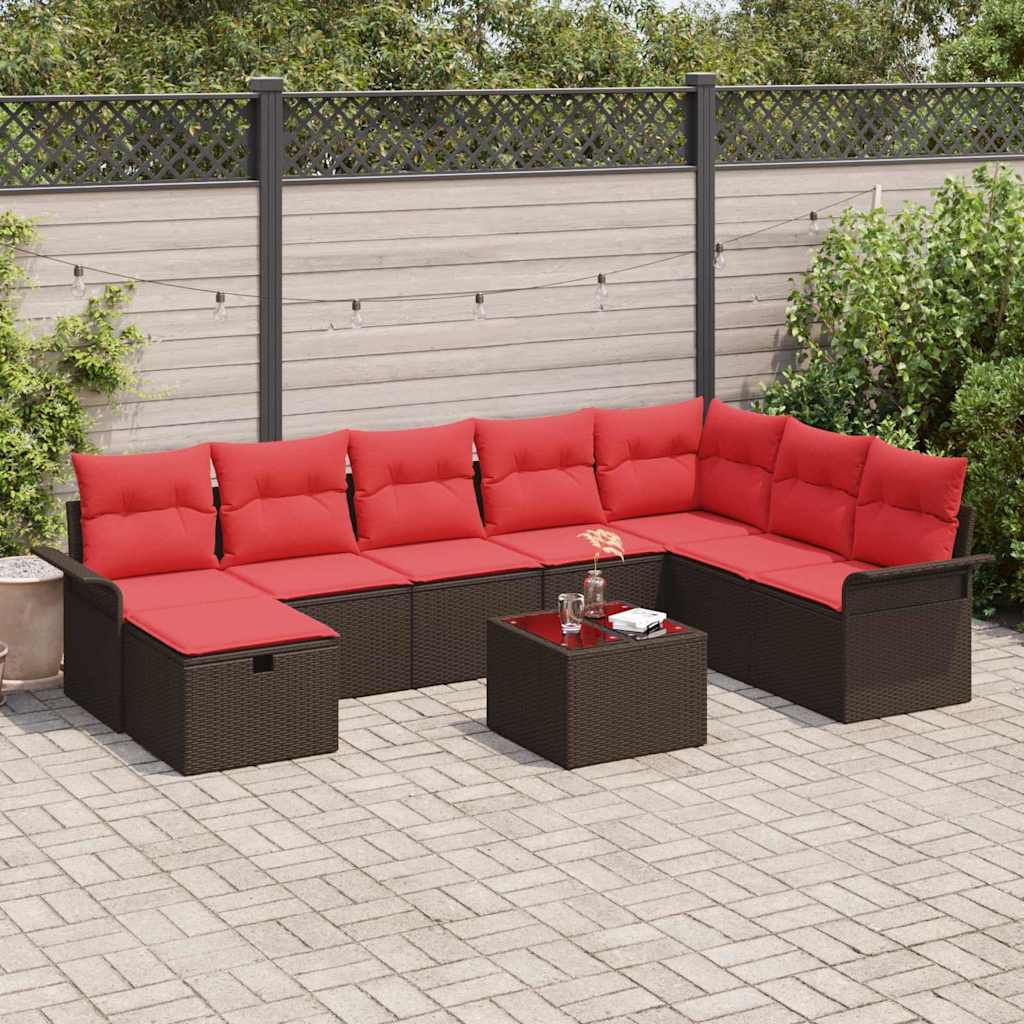 Havesofa Sæt 9 stk. Brun og Rød polyrattan