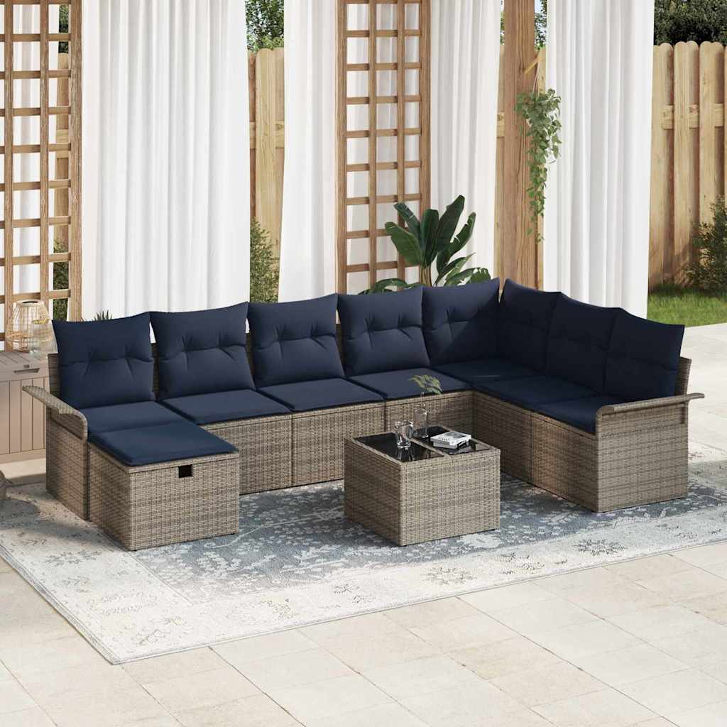 Havesofa Sæt 9 stk. Grå og Marineblå polyrattan