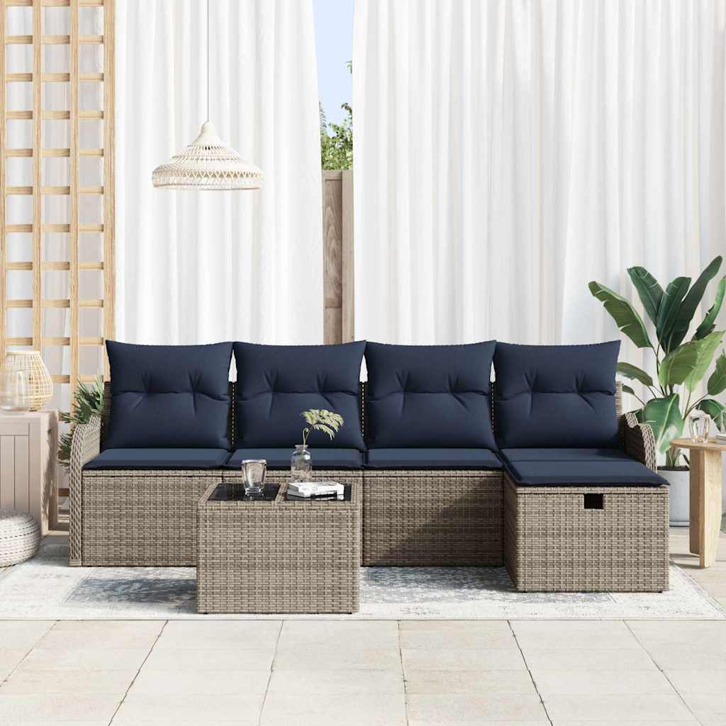 Havesofa Sæt 6 stk. 4-Antal sæder Grå og Marineblå polyrattan