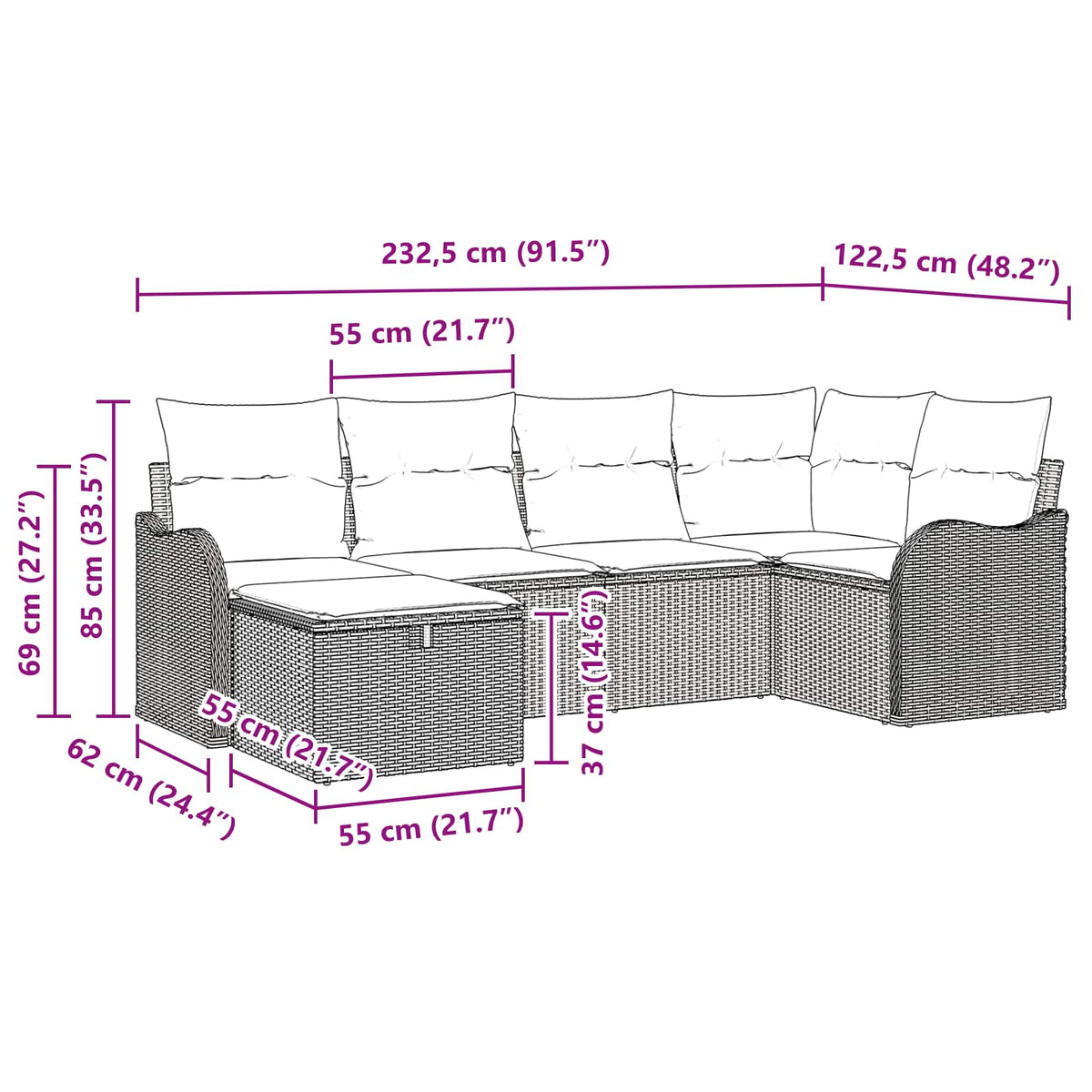 Havesofa Sæt 6 stk. Grå og Marineblå polyrattan