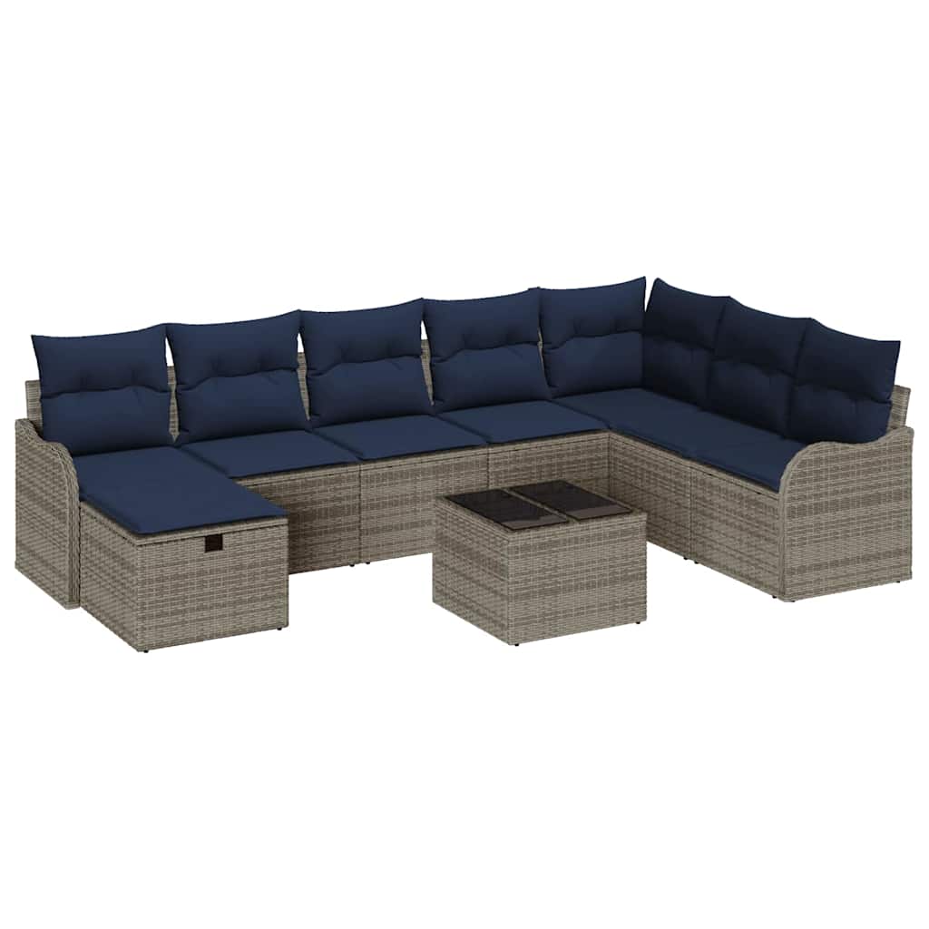 Sofa Sæt 9 stk. 8-Antal sæder Grå og Marineblå polyrattan