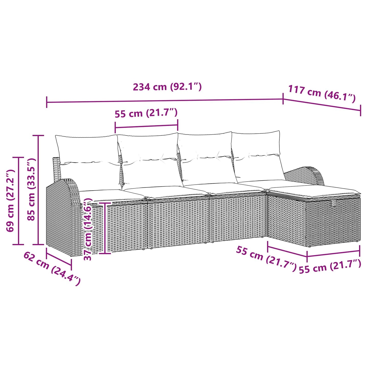 Sofa Sæt 5 stk. 5-Antal sæder Brun og Rød polyrattan