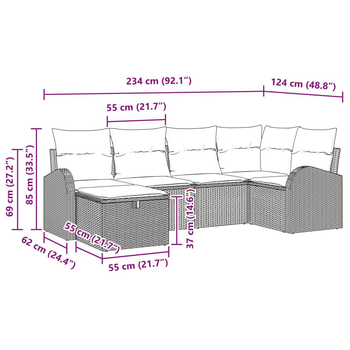 Sofa Sæt 6 stk. 6-Antal sæder Brun og Rød polyrattan