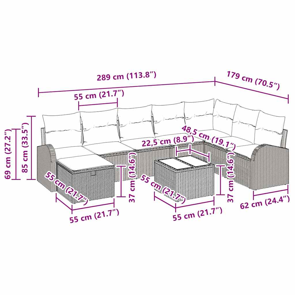 Sofa Sæt 9 stk. beige og cremefarvet polyrattan