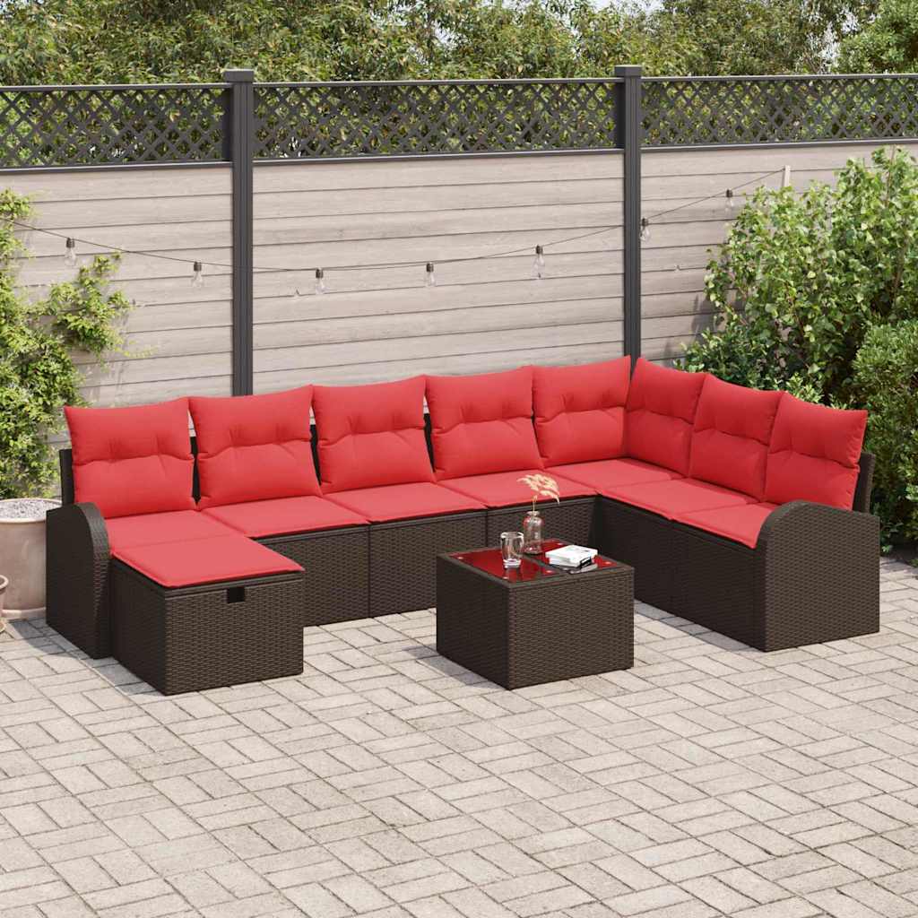 Sofa Sæt 9 stk. 8-Antal sæder Brun og Rød polyrattan