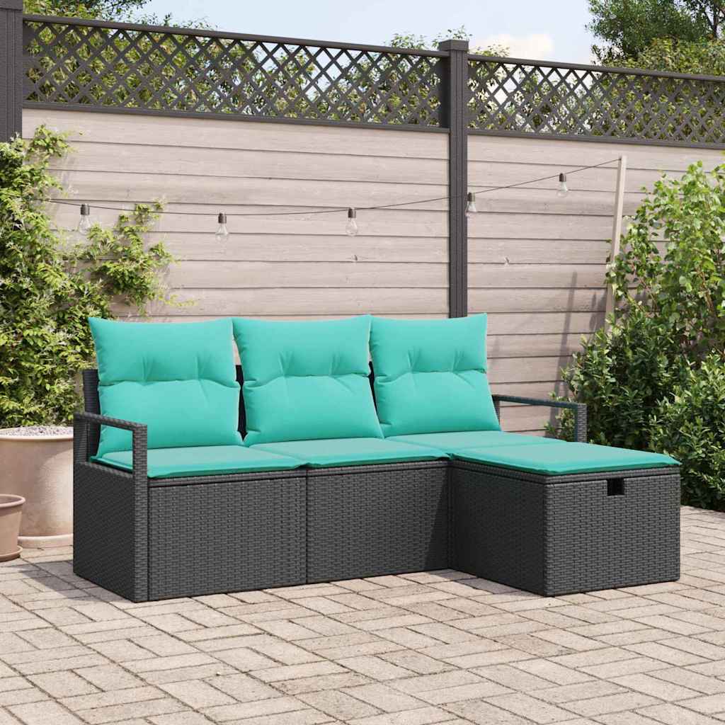 Sofa Sæt 4 stk. 4-Antal sæder Sort og turkis polyrattan