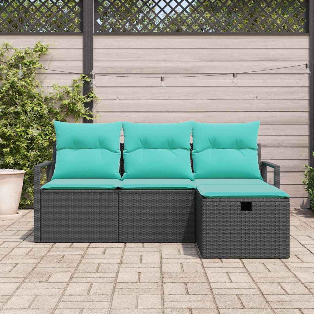 Sofa Sæt 4 stk. 4-Antal sæder Sort og turkis polyrattan