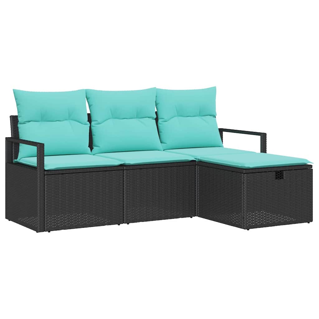 Sofa Sæt 4 stk. 4-Antal sæder Sort og turkis polyrattan