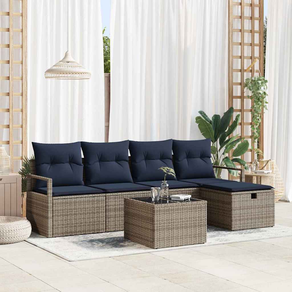 Sofa Sæt 6 stk. Grå og Marineblå polyrattan