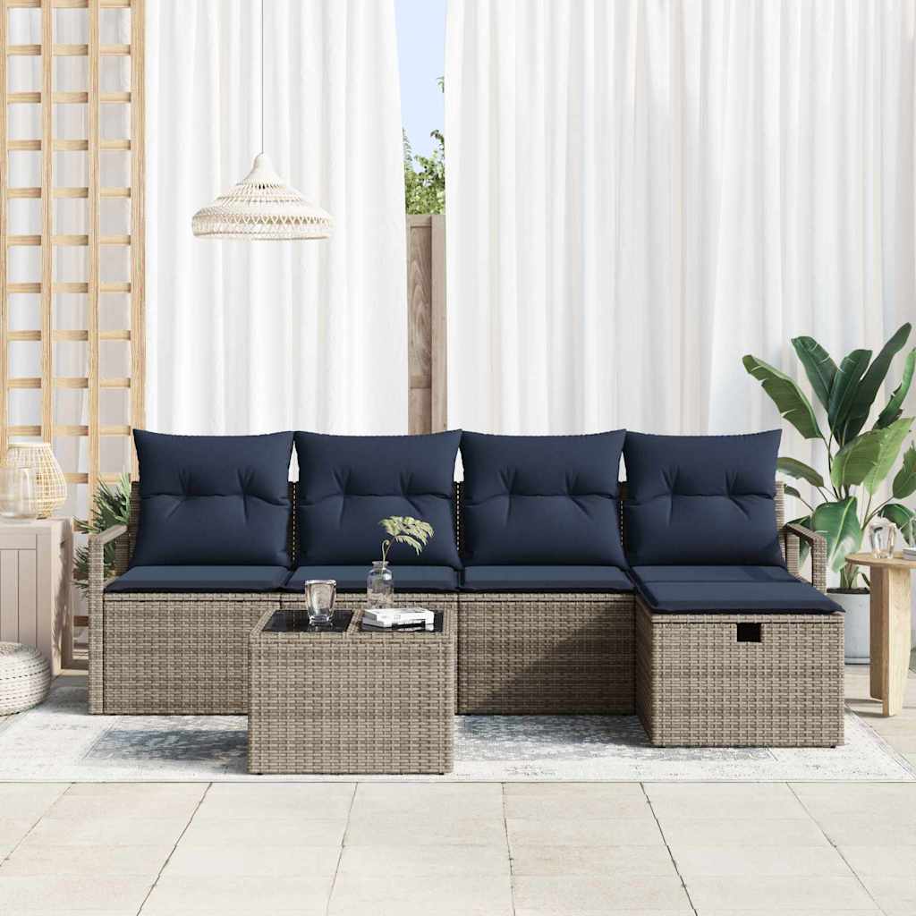 Sofa Sæt 6 stk. Grå og Marineblå polyrattan