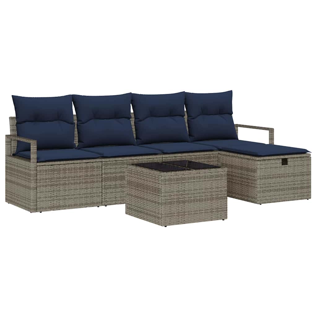 Sofa Sæt 6 stk. Grå og Marineblå polyrattan