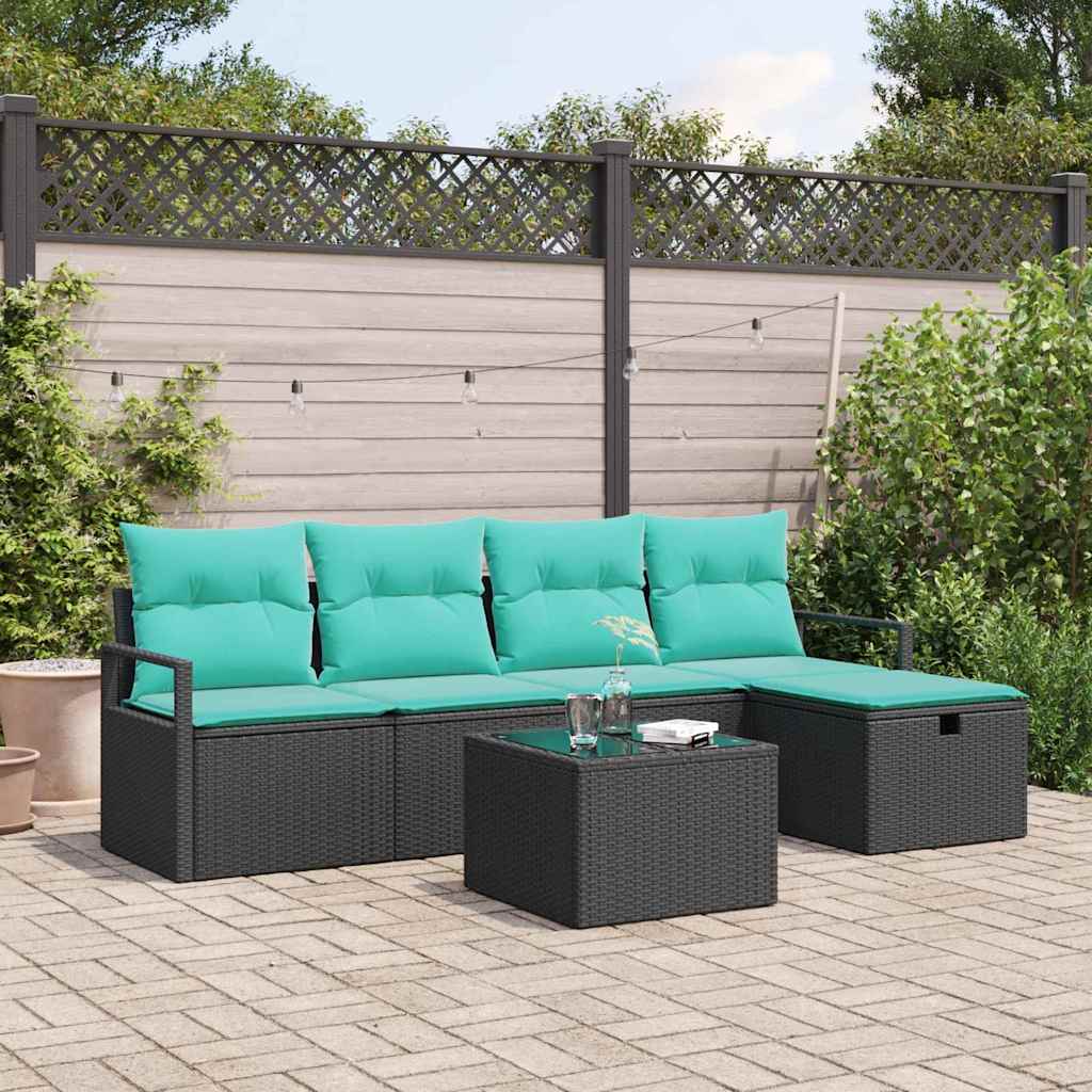 Sofa Sæt 6 stk. 5-Antal sæder Sort og turkis polyrattan