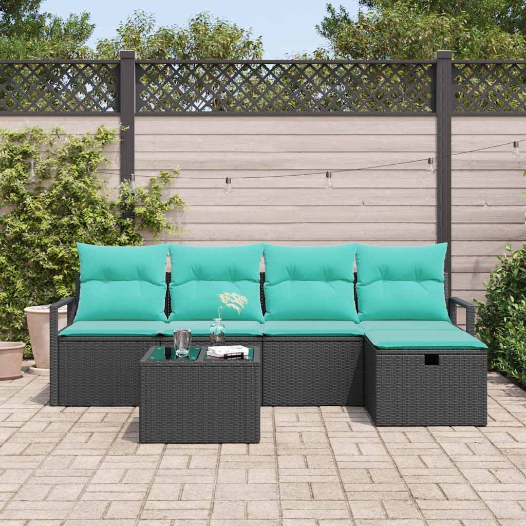 Sofa Sæt 6 stk. 5-Antal sæder Sort og turkis polyrattan