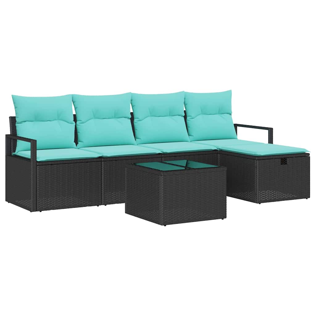 Sofa Sæt 6 stk. 5-Antal sæder Sort og turkis polyrattan