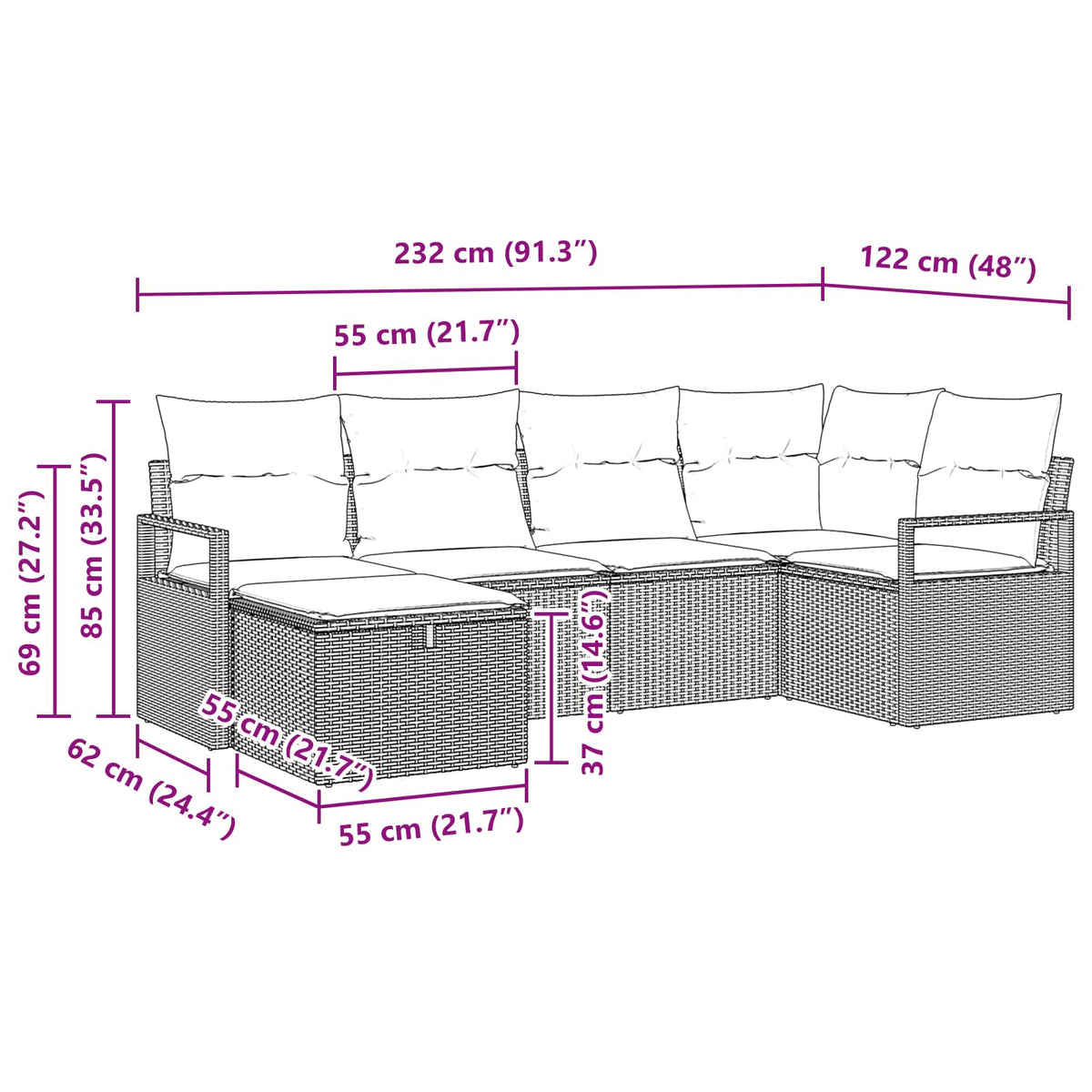 Sofa Sæt 6 stk. Brun og Rød polyrattan