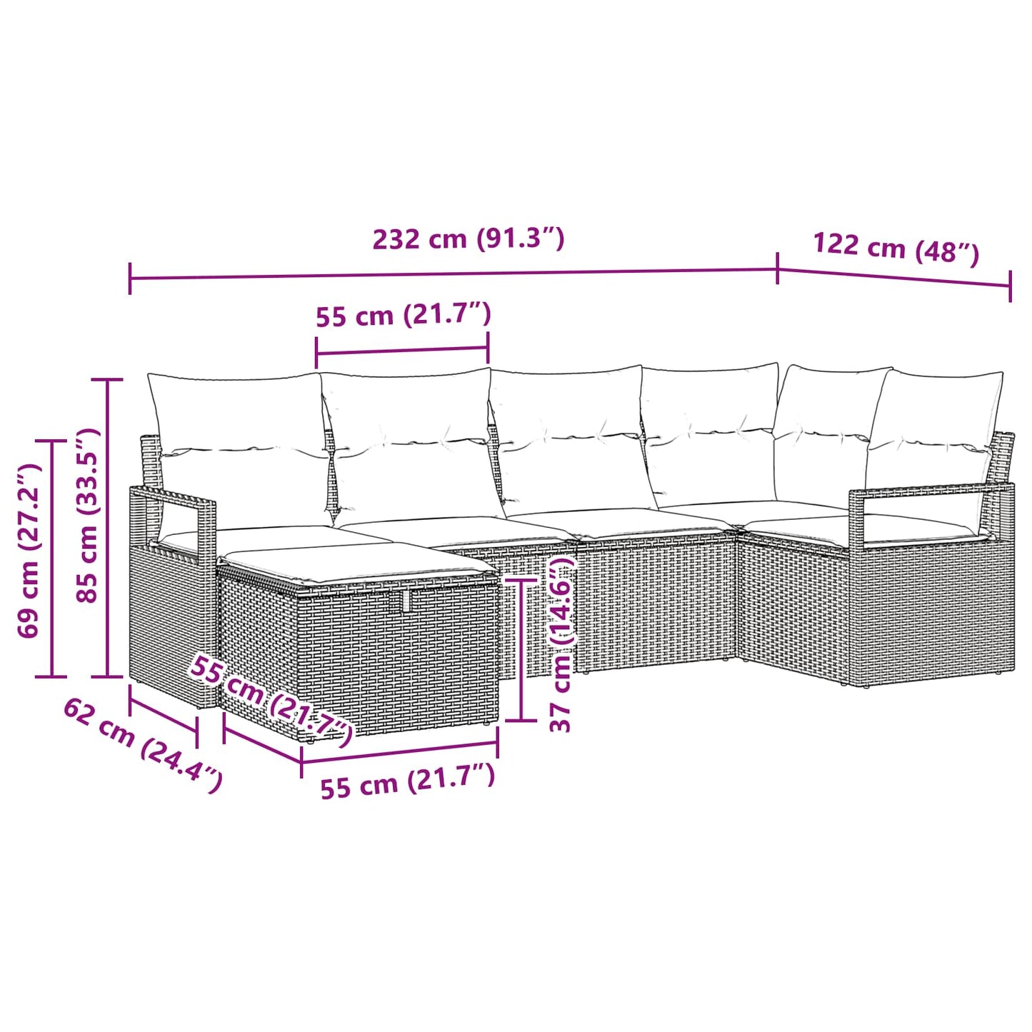 Sofa Sæt 6 stk. Grå og Marineblå polyrattan