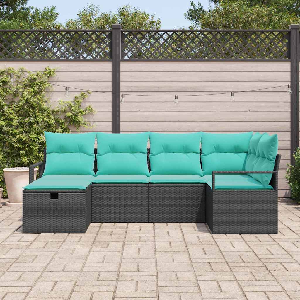 Sofa Sæt 6 stk. 6-Antal sæder Sort og turkis polyrattan