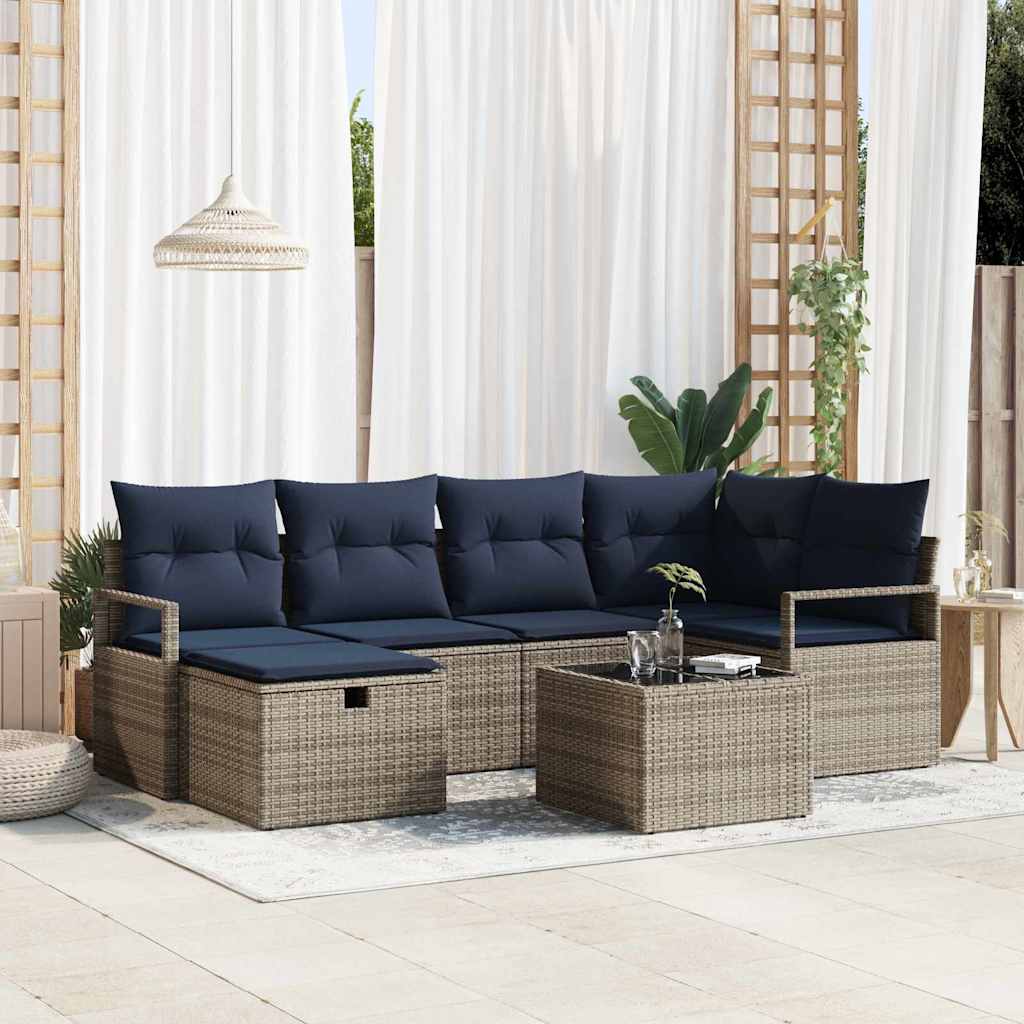 Sofa Sæt 7 stk. Grå og Marineblå polyrattan