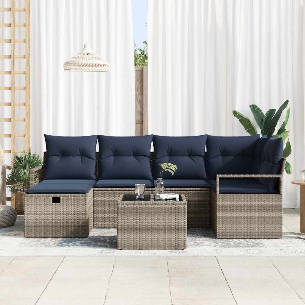 Sofa Sæt 7 stk. Grå og Marineblå polyrattan