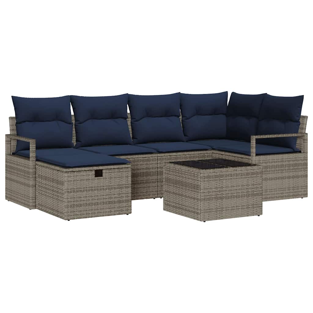 Sofa Sæt 7 stk. Grå og Marineblå polyrattan