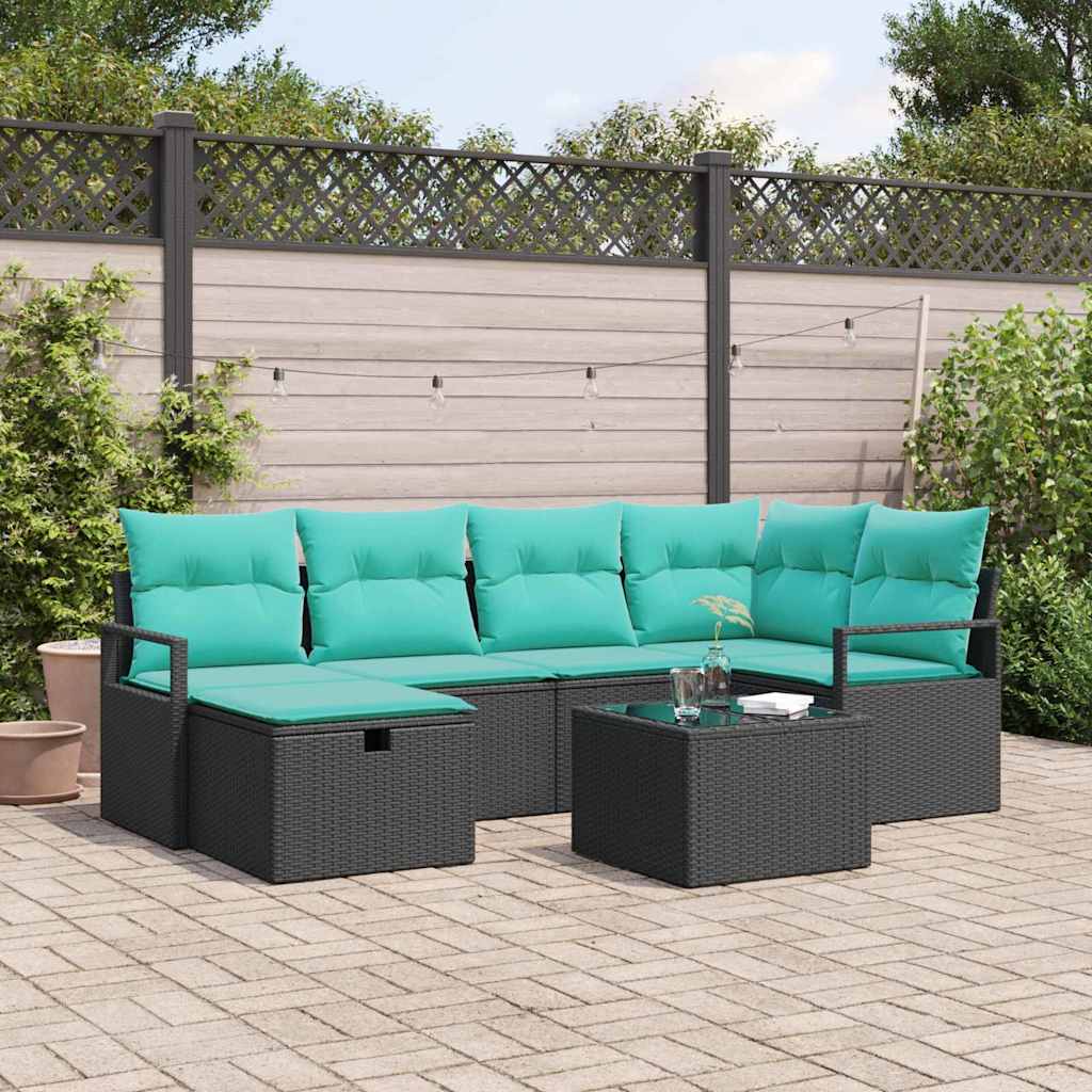 Sofa Sæt 7 stk. 6-Antal sæder Sort og turkis polyrattan