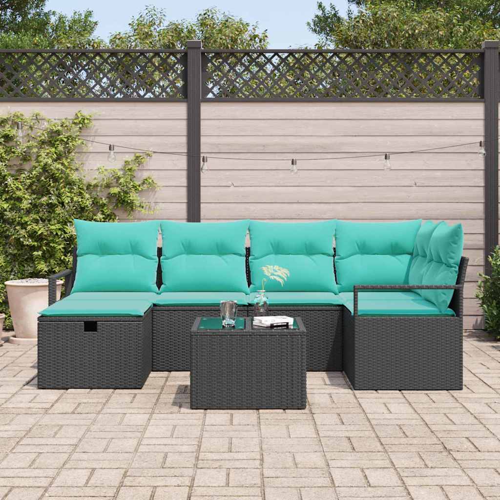 Sofa Sæt 7 stk. 6-Antal sæder Sort og turkis polyrattan