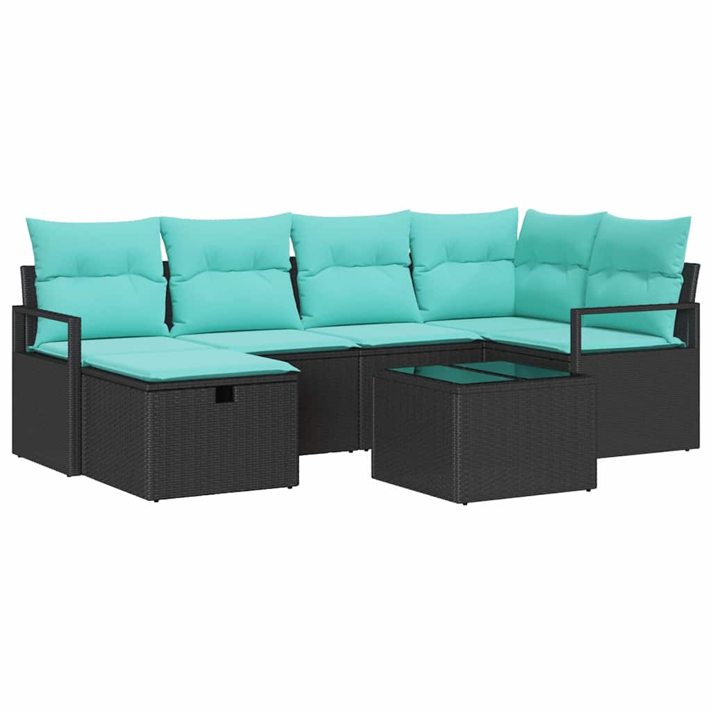 Sofa Sæt 7 stk. 6-Antal sæder Sort og turkis polyrattan