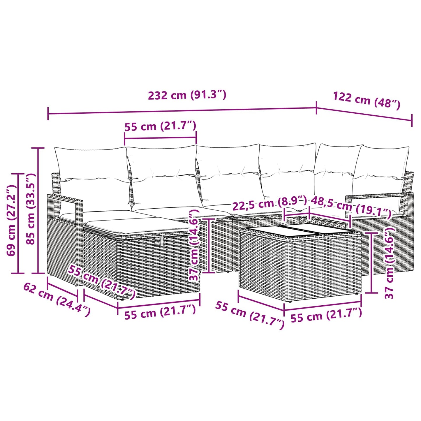 Sofa Sæt 7 stk. 6-Antal sæder Sort og turkis polyrattan