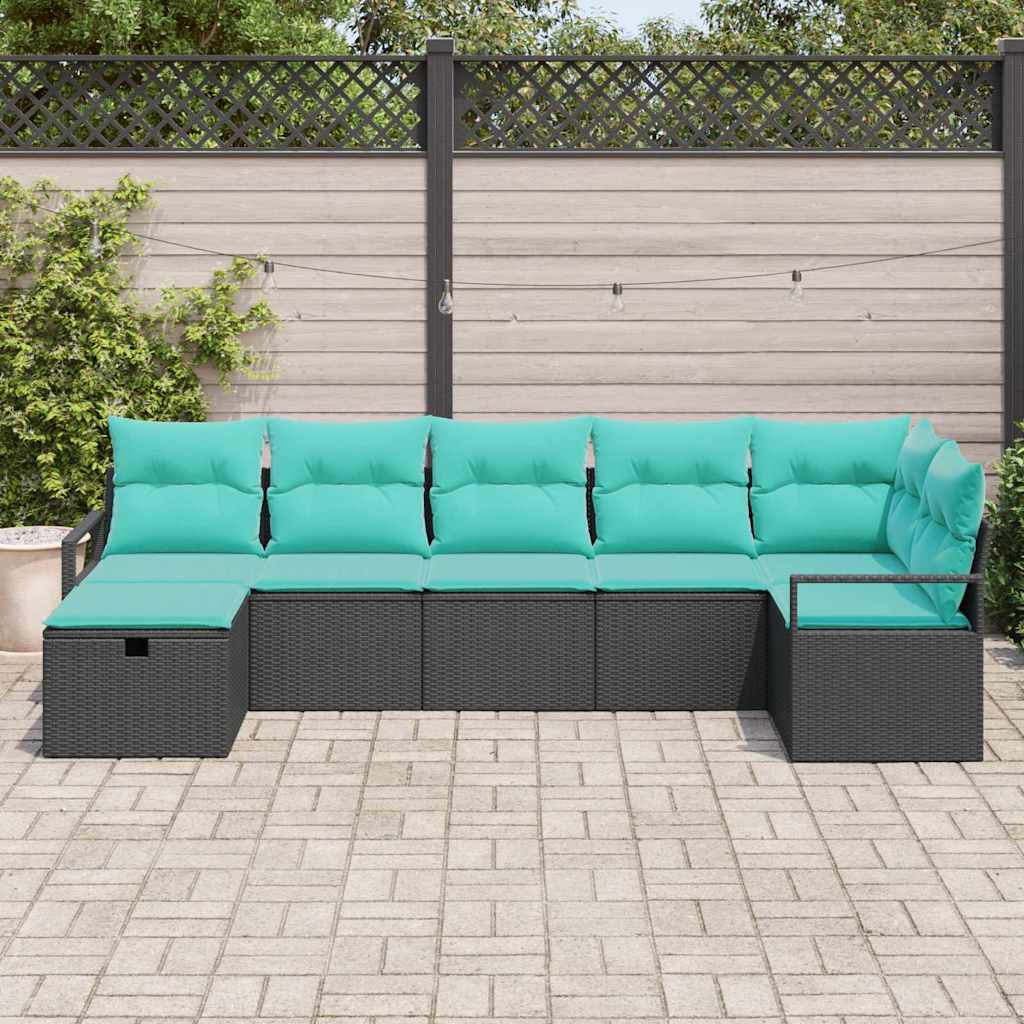 Sofa Sæt 7 stk. 7-Antal sæder Sort og turkis polyrattan