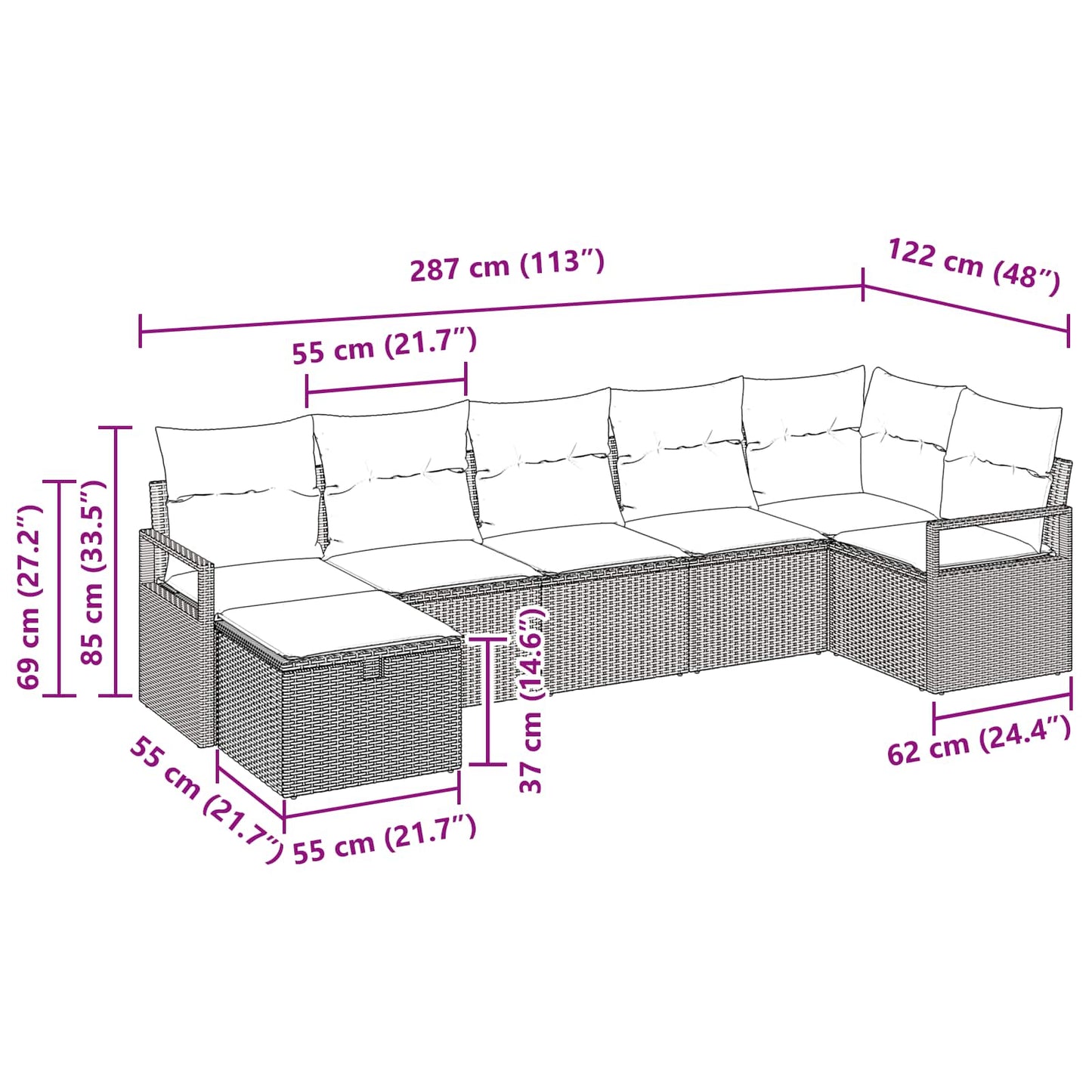 Sofa Sæt 7 stk. 7-Antal sæder Sort og turkis polyrattan