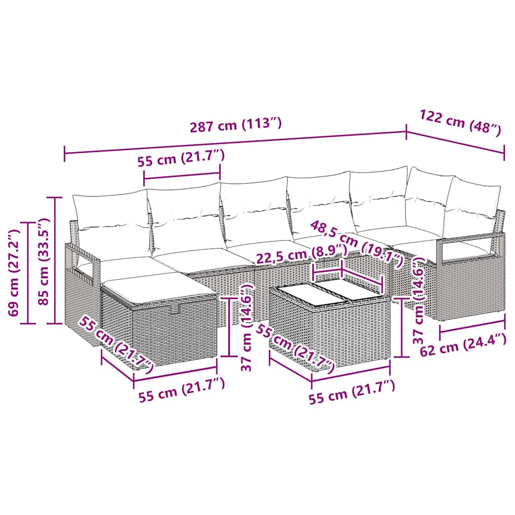 Sofa Sæt 8 stk. 7-Antal sæder Lysegrå polyrattan