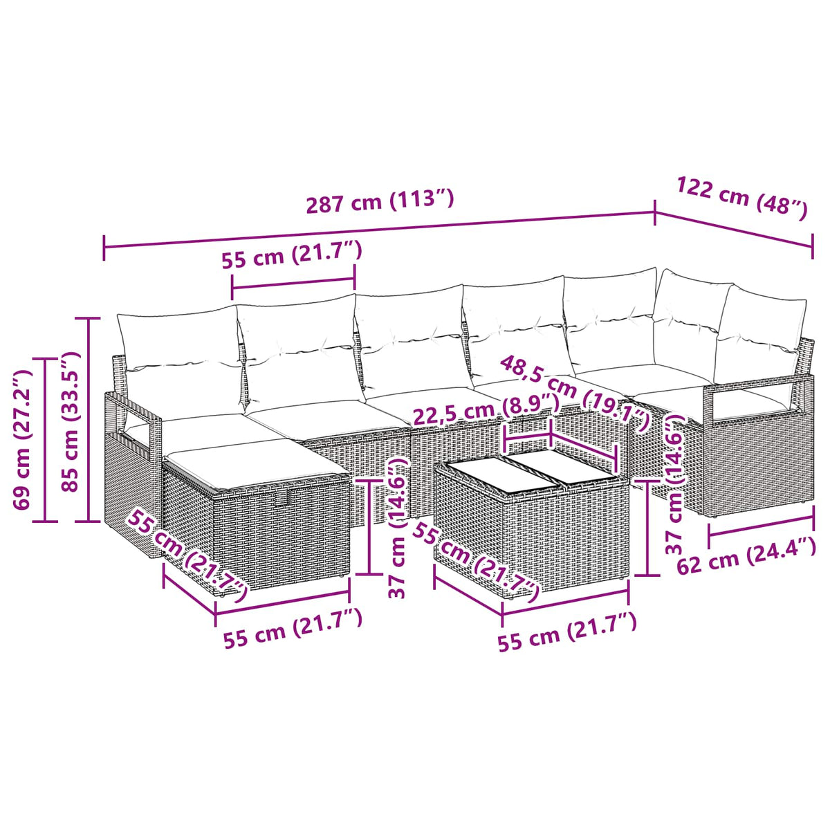 Sofa Sæt 8 stk. 7-Antal sæder Grå og Marineblå polyrattan